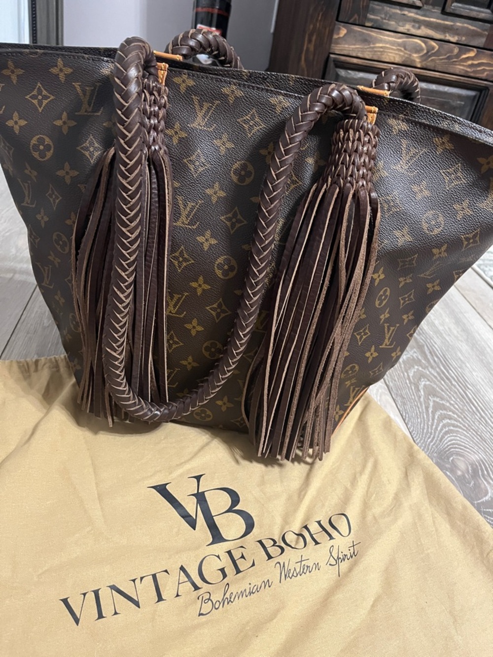Vintage Boho LV Monogram Tassel Tote with Braided Handles and Zipper closure